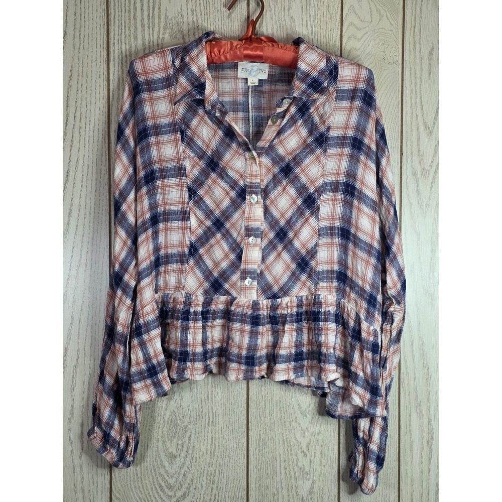 Jun & Ivy Zanna B39 Plaid Peplum Button Down Top Navy Rust Orange L